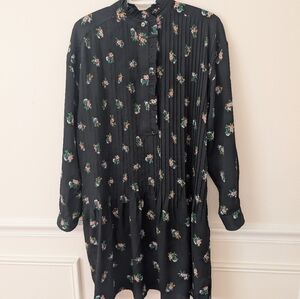 Tory Burch size 8 Cora pleated shirt dress short black floral long sleeve belted